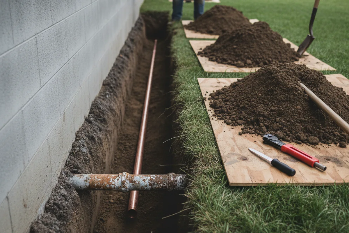 Excavated water line trench during Water Heater Repair in Moriches